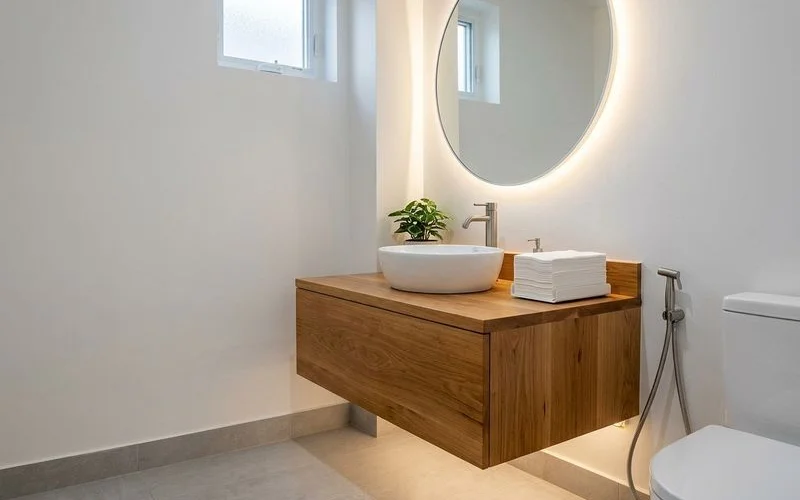 Clean gender-neutral single-stall cafe washroom with mirror and bidet hose