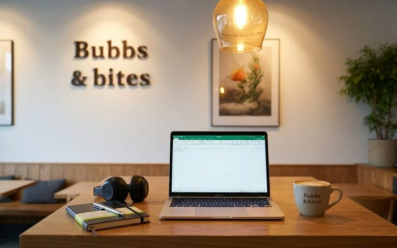 Close-up of a remote worker setup on a Bubbs cafe table