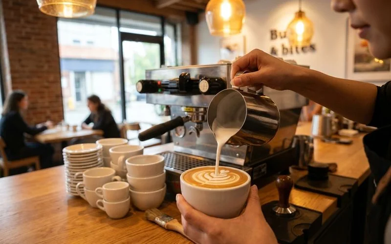 Barista pouring a flat white at the Bubbs & Bites coffee bar