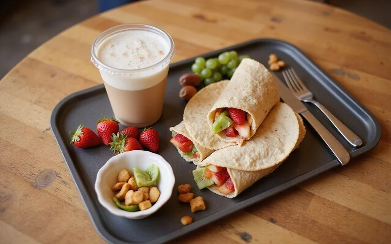 Overhead shot of a kid friendly brunch tray with babyccino, mini wraps, fruit, and a pet treat dish