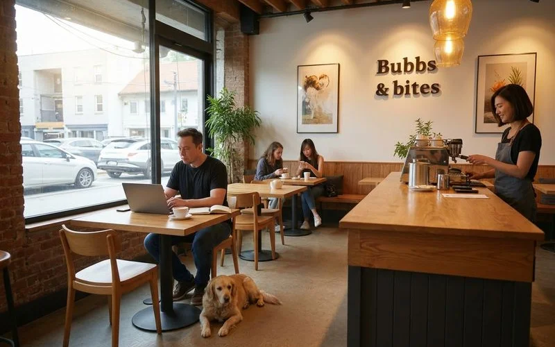 Remote worker with laptop and flat white at a quiet weekday morning