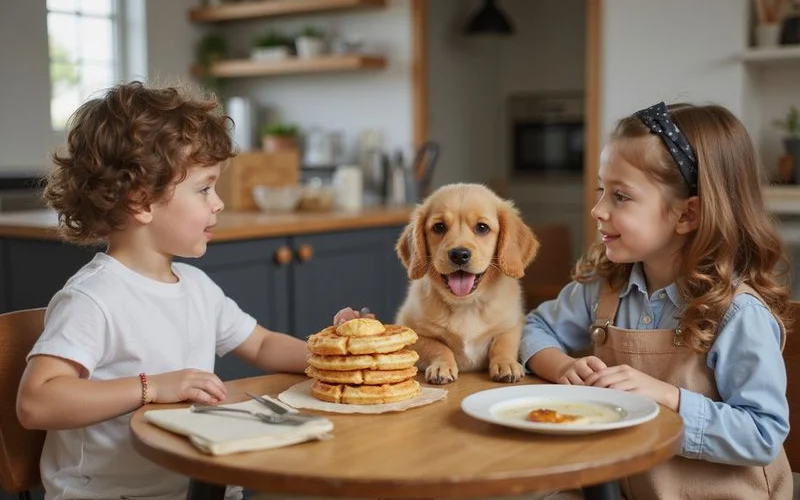 Two kids sharing a honey butter waffle stack with a small dog in a carrier beside them