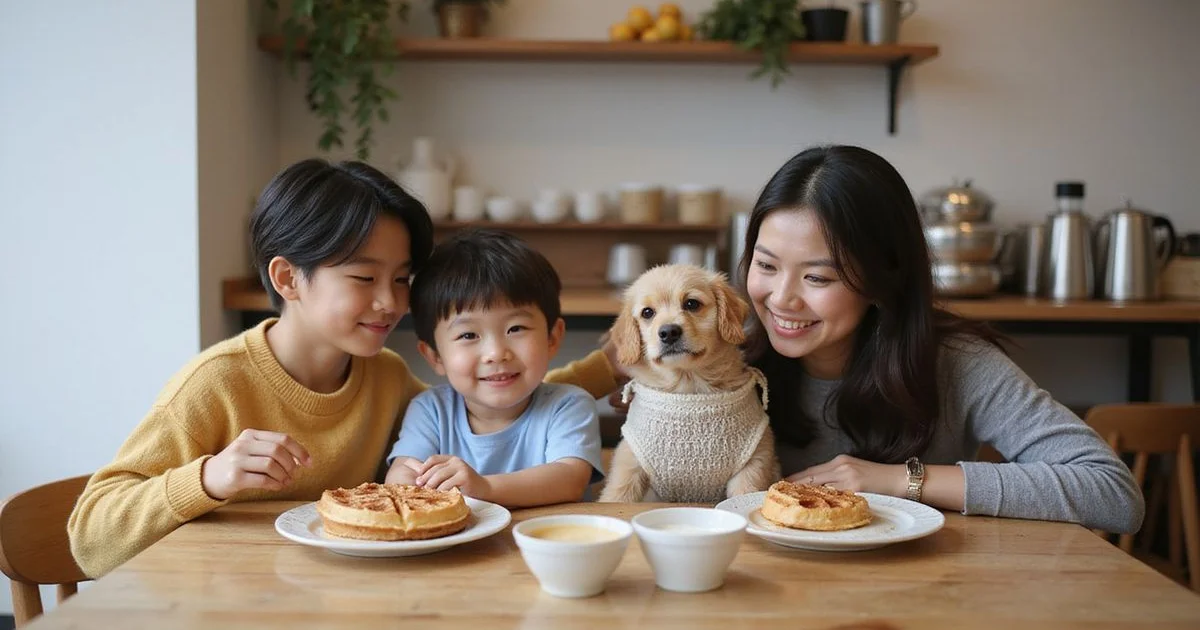 A family with kids and a small dog enjoying brunch together at Bubbs & Bites Cafe in Kota Damansara