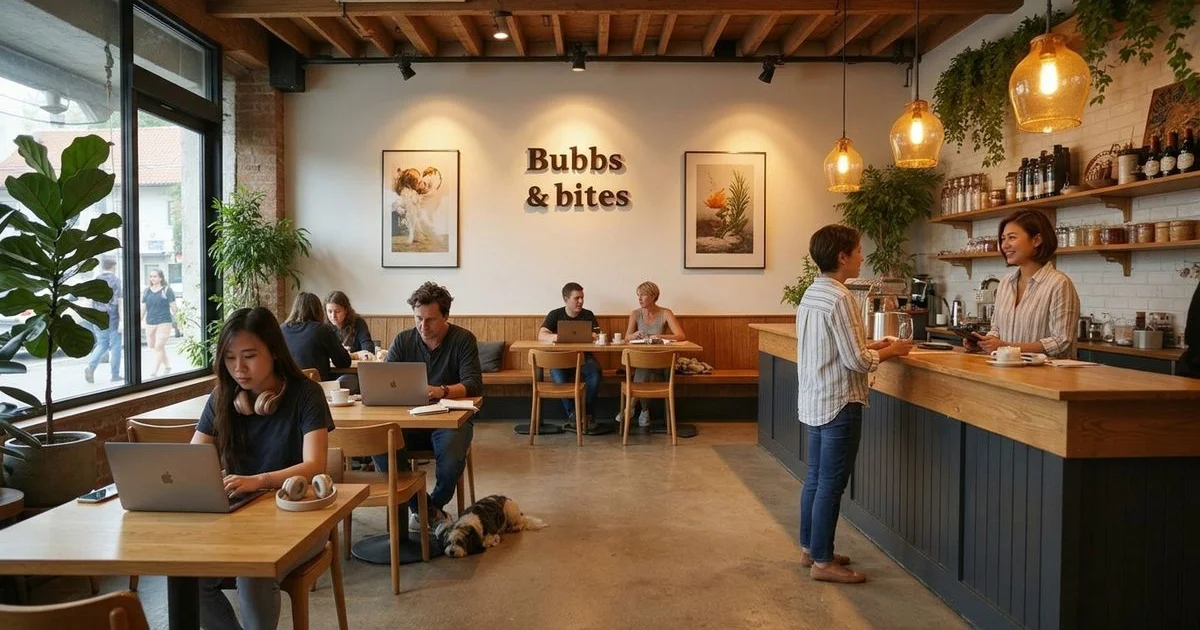 Wide view of the Muji-inspired Bubbs cafe interior with remote workers
