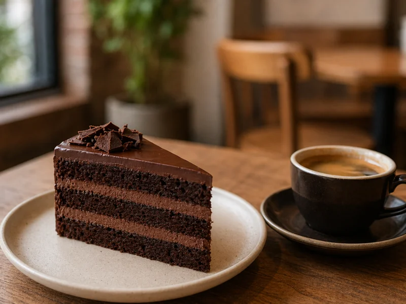 Chocolate cake slice with coffee