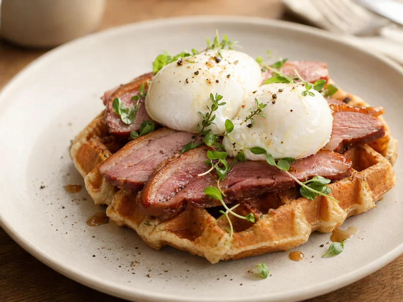 Smoked Duck & Eggs savory waffle