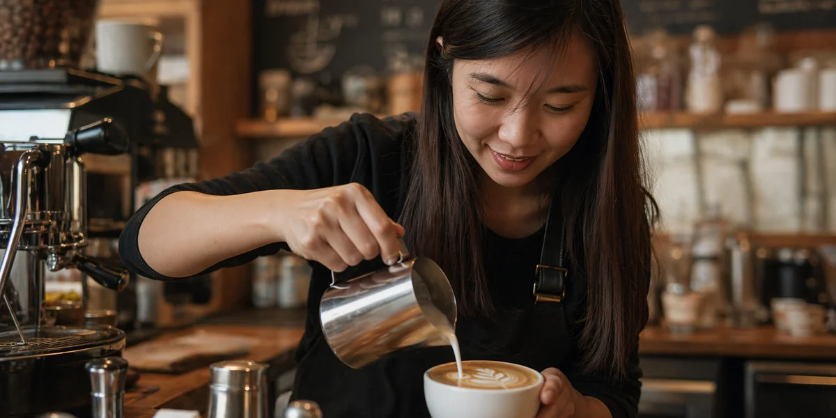 Barista pouring latte art on a Flat White