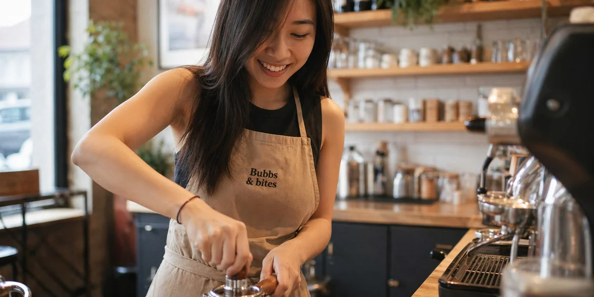 Barista tamping espresso at Bubbs & Bites