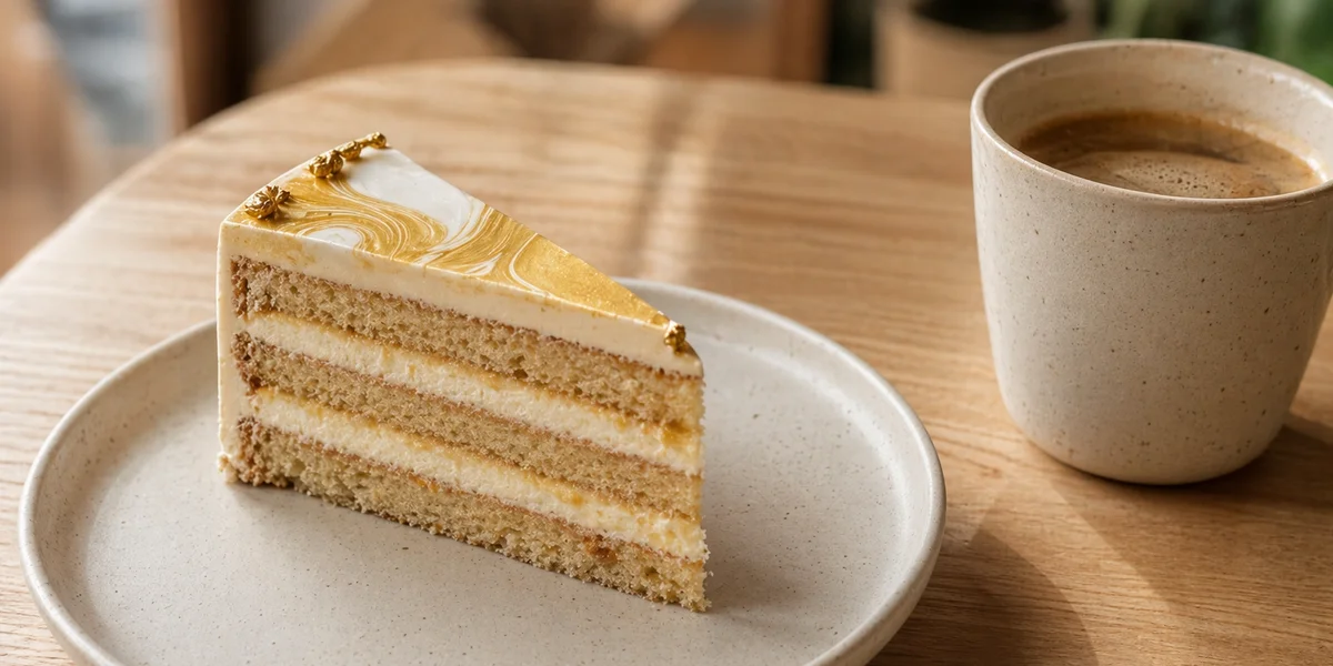 Cake slice with coffee on a Muji-style plate