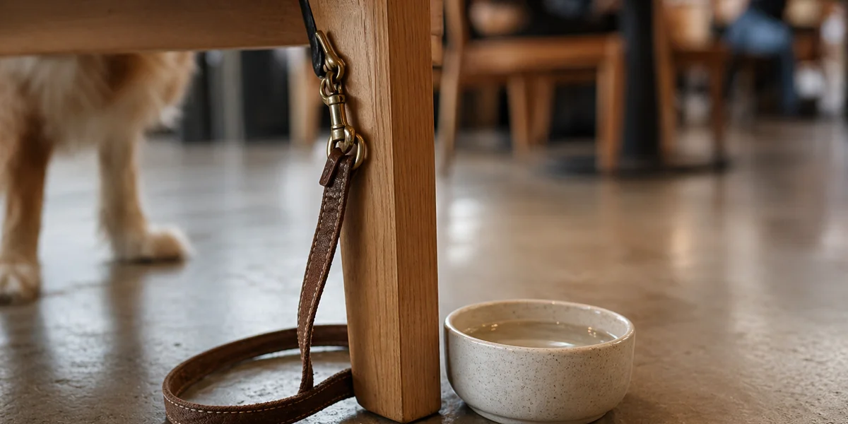 Dog leash clipped to table leg beside cafe water bowl