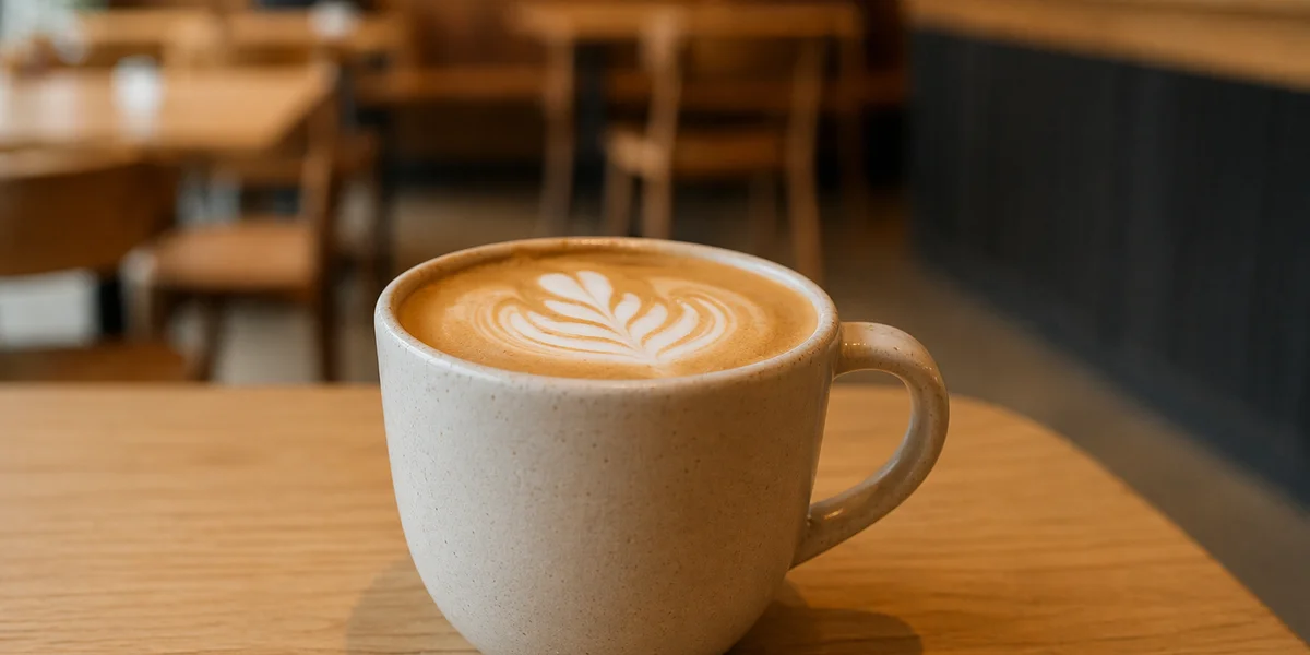 Latte on a light wood table