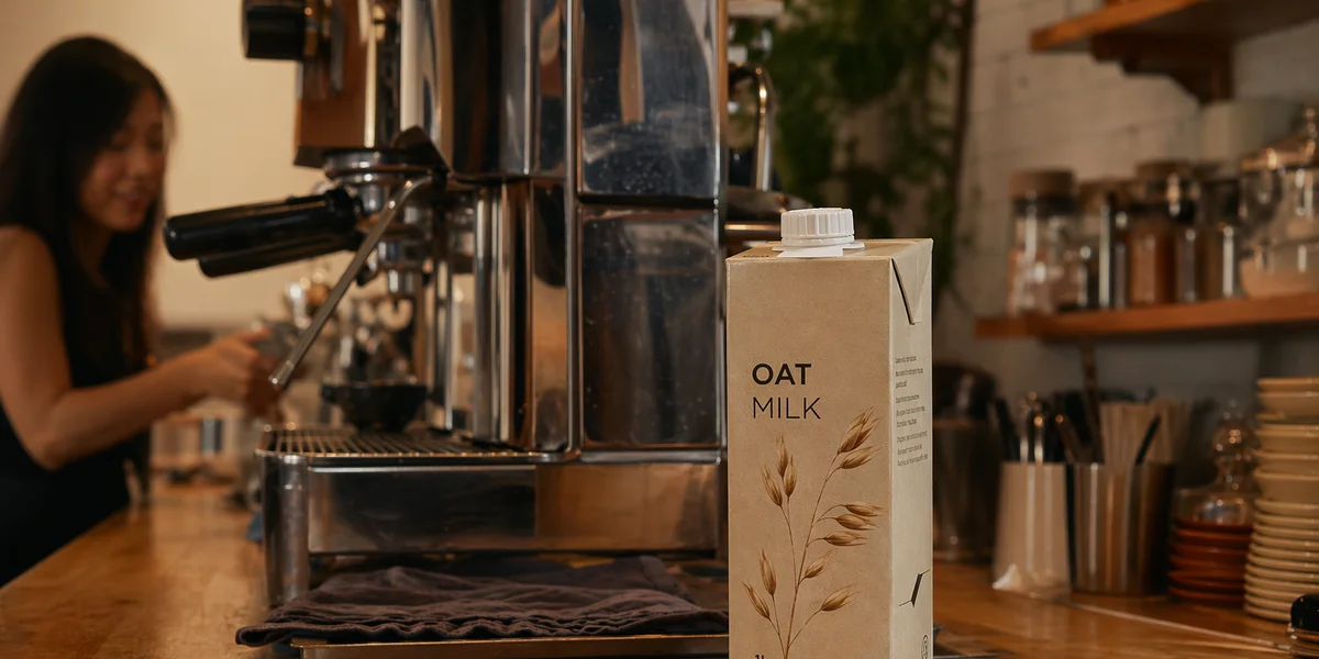 Oat milk beside the espresso machine