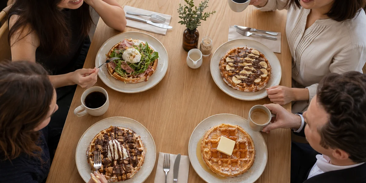 All four waffles laid out on a cafe table