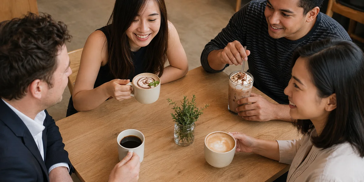 Four coffee styles laid out on a Muji-style table