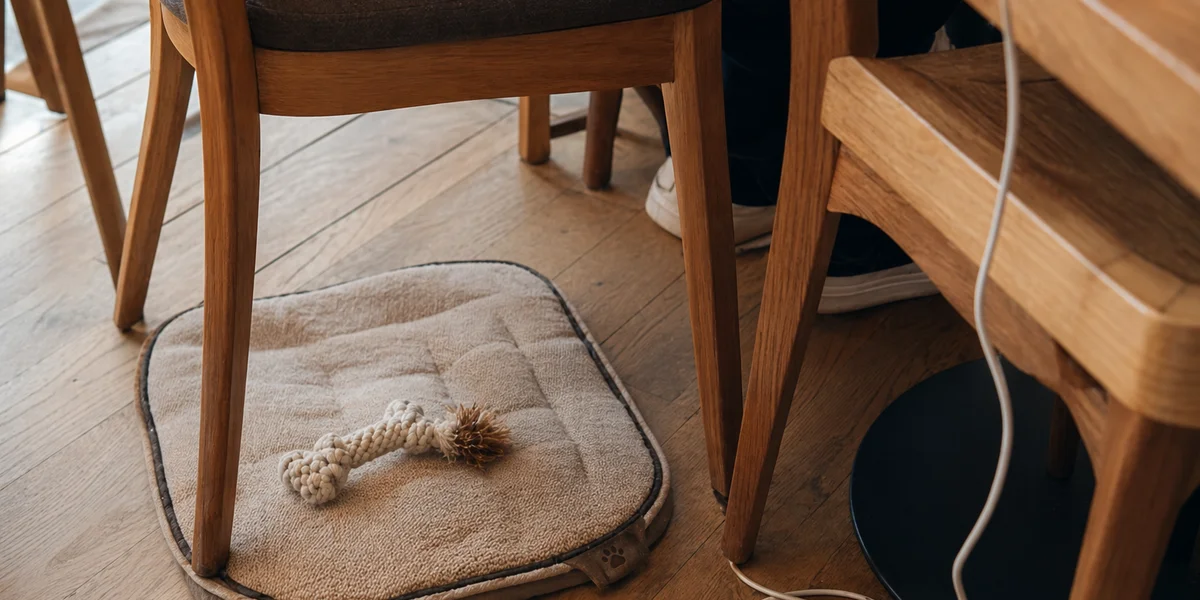 Pet mat and chew toy under a cafe chair