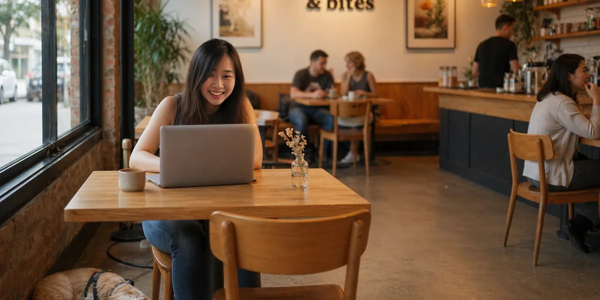 Remote worker with their dog at a cafe table