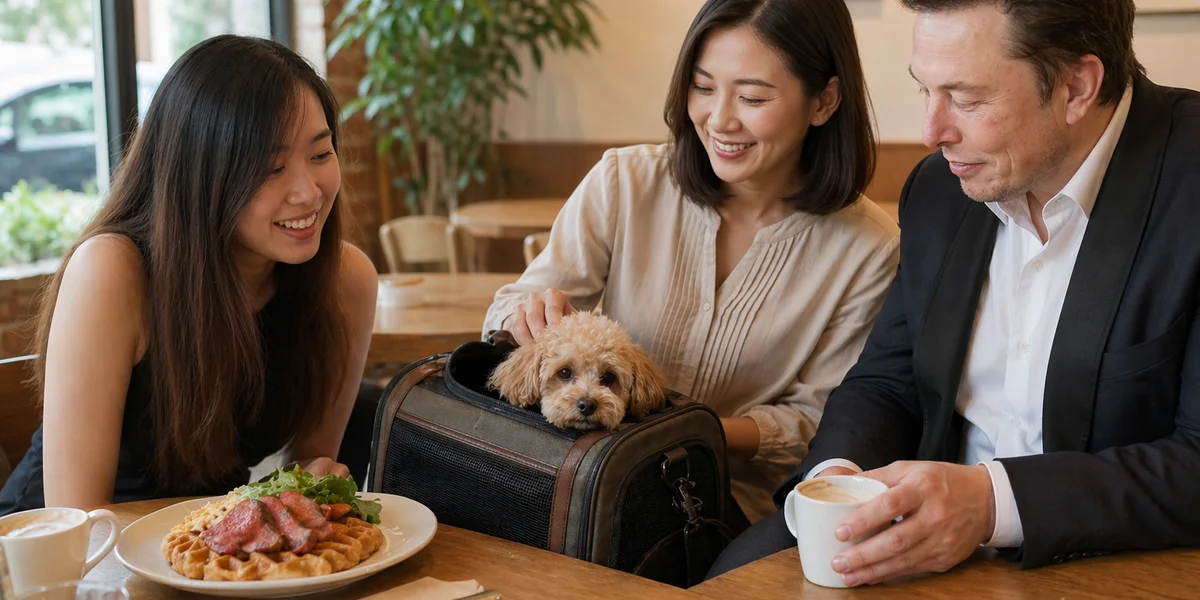Dog in carrier beside waffle