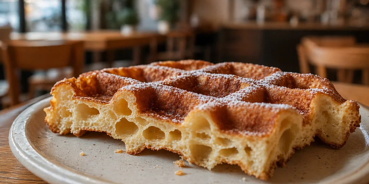 Cross-section of a freshly pressed waffle showing crisp edge and airy interior