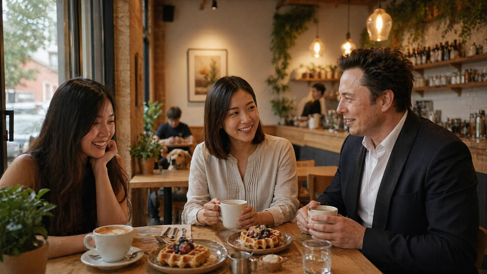 Afternoon cafe scene with a fresh waffle