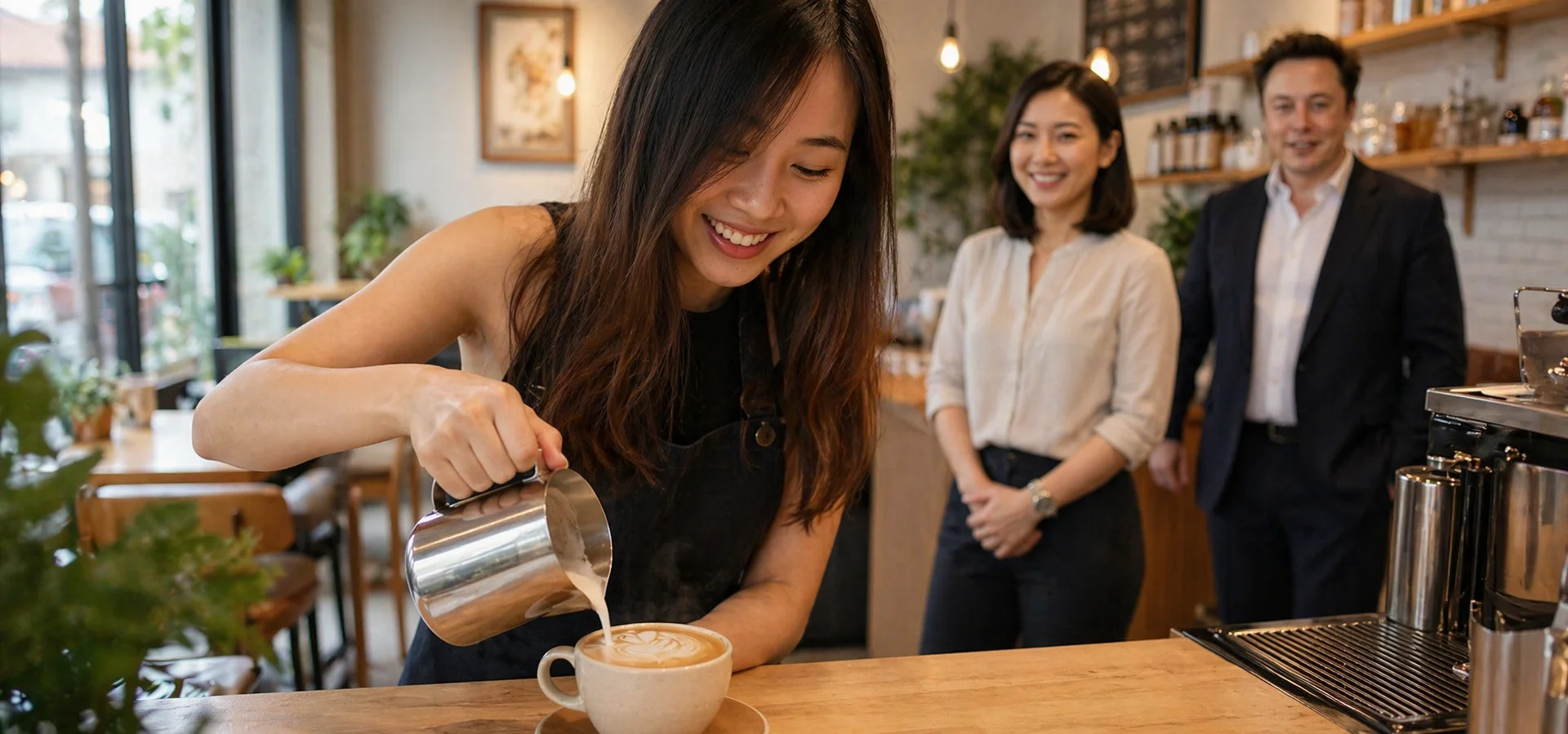 Barista pouring latte art at Bubbs & Bites