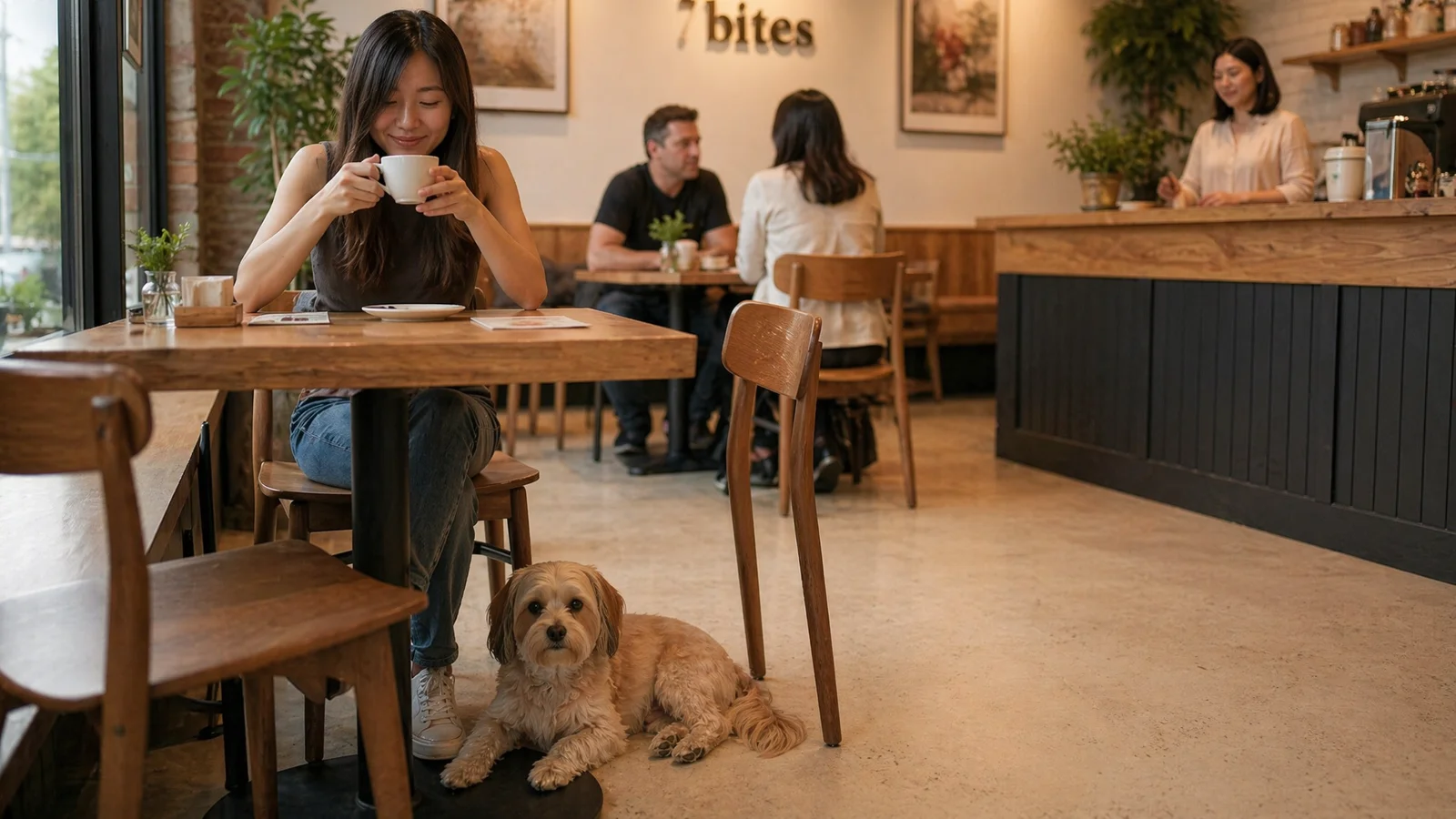 Calm small dog under a cafe table beside its owner