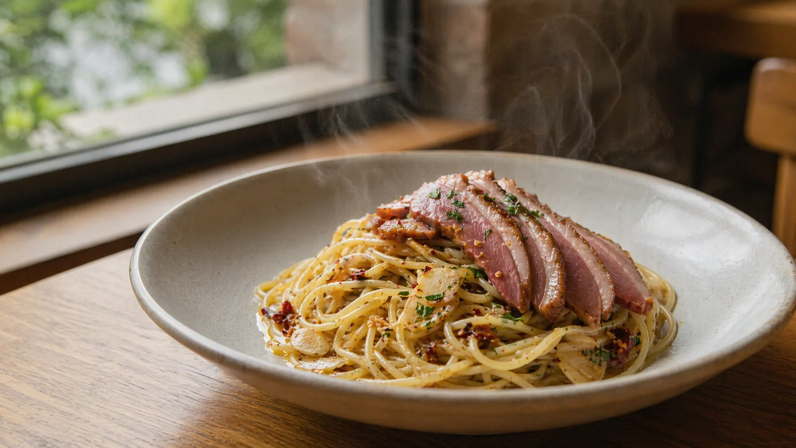 Smoked Duck Aglio Olio pasta close-up