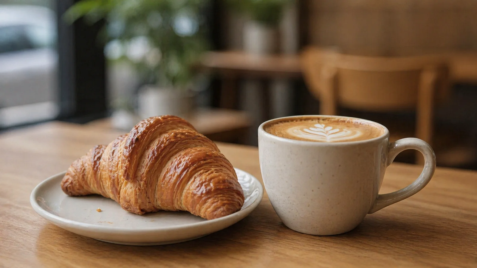 Flaky croissant with a flat white