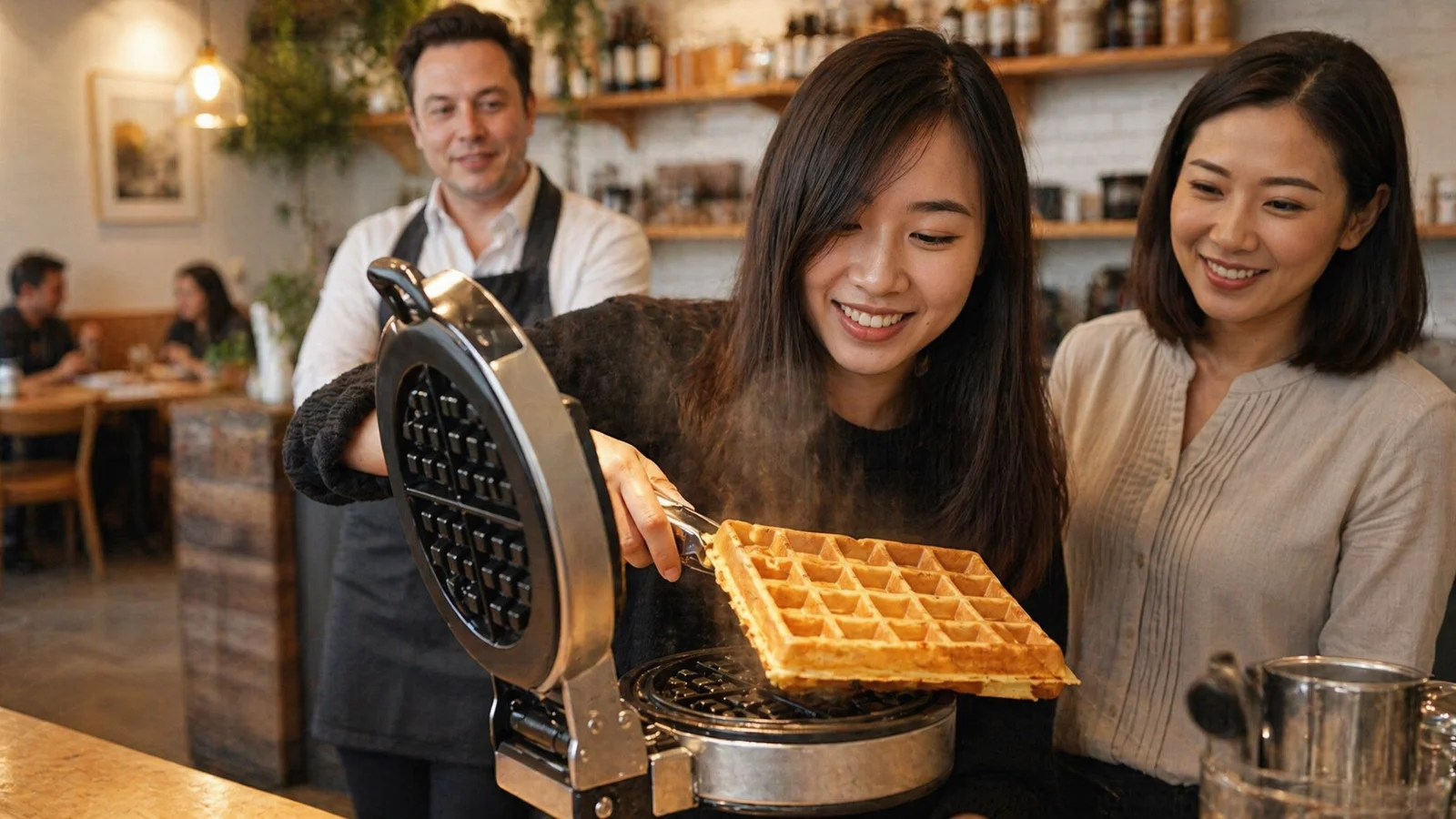 Belgian-style waffle fresh from the iron with steam rising
