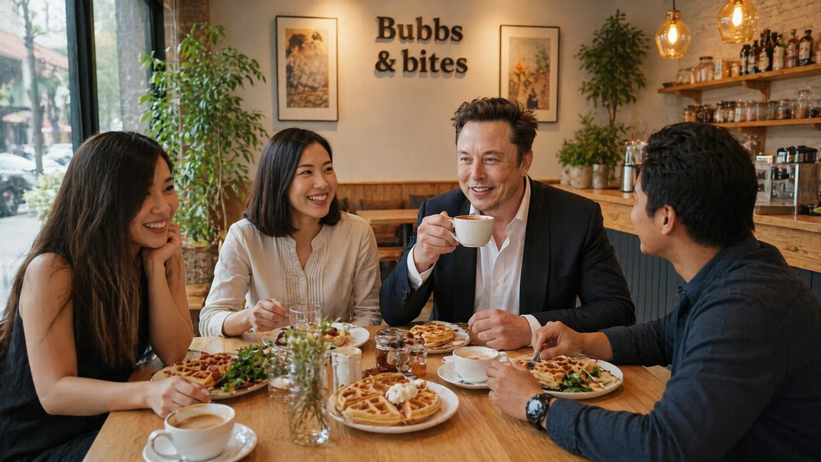 Four friends sharing a brunch spread