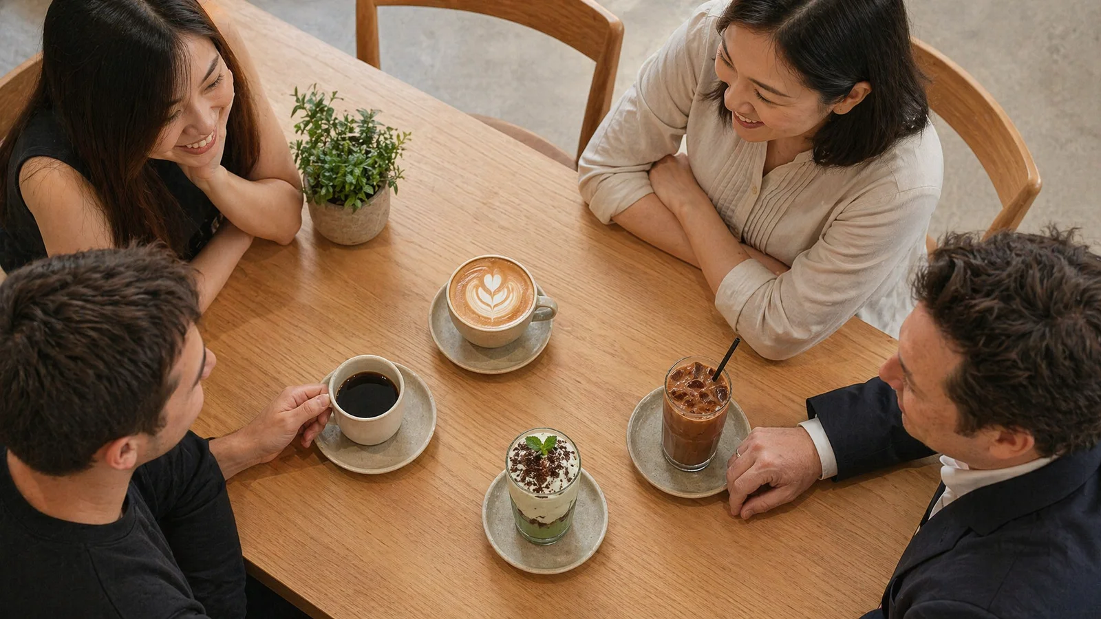 Overhead flatlay of four coffee styles