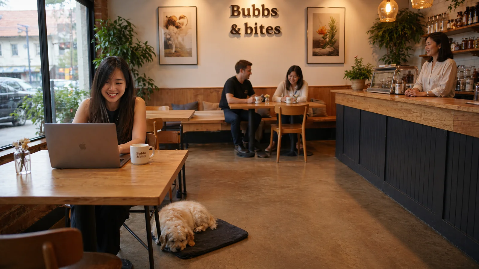 Remote worker with dog asleep on a floor mat