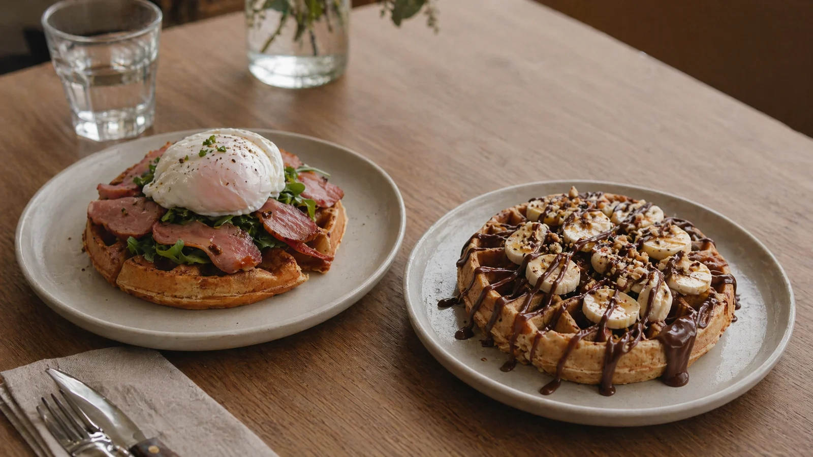 Side-by-side savory and sweet waffles