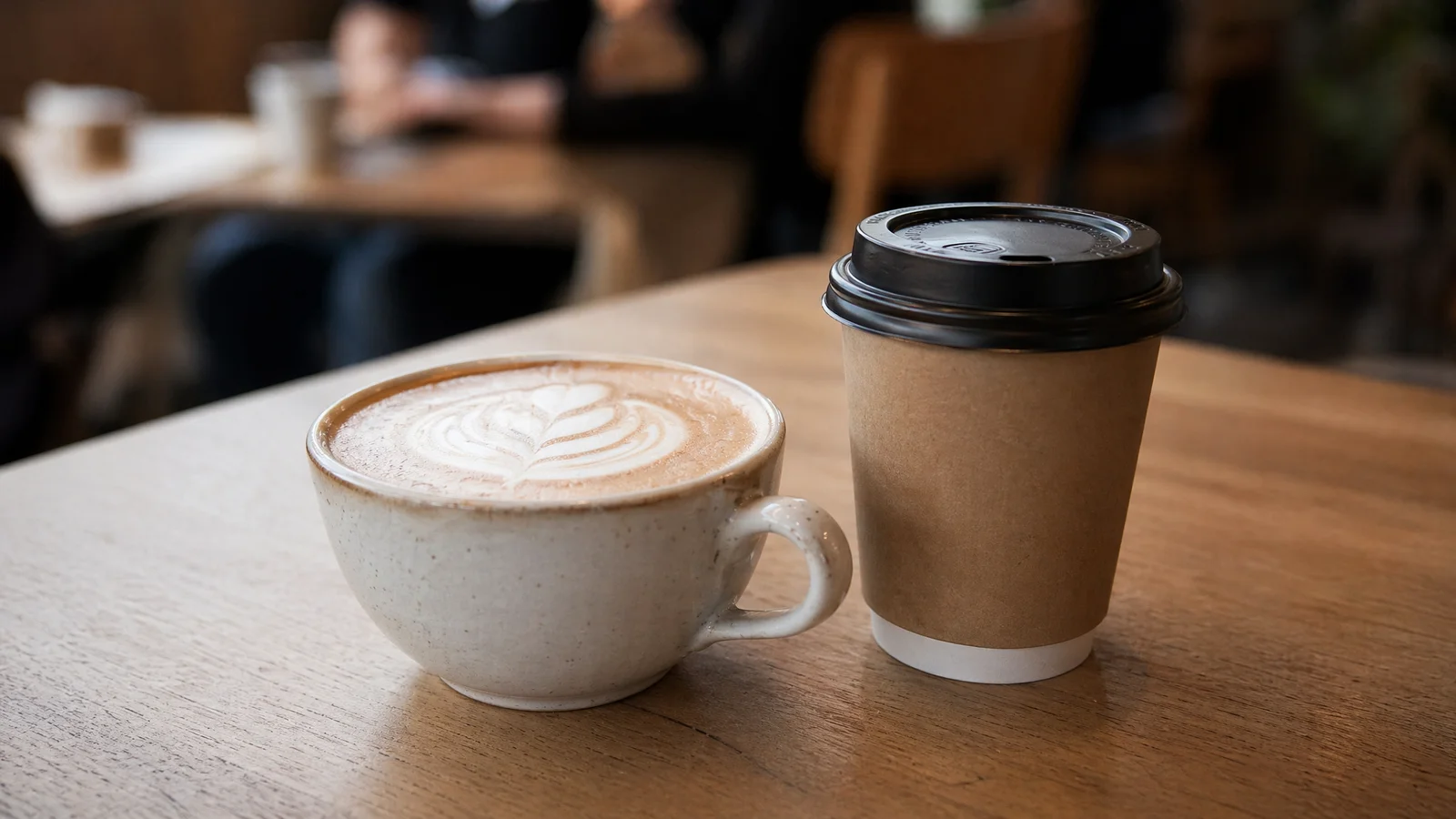 Hand-crafted latte art beside a generic takeaway cup