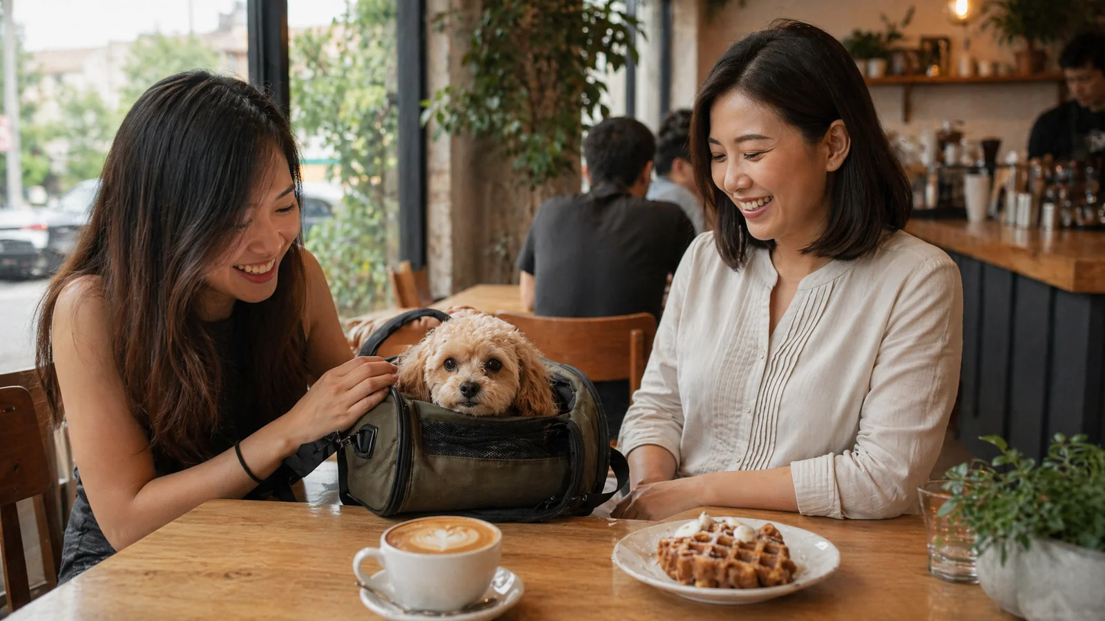 Small dog in carrier beside latte and waffle on a Muji-style cafe table