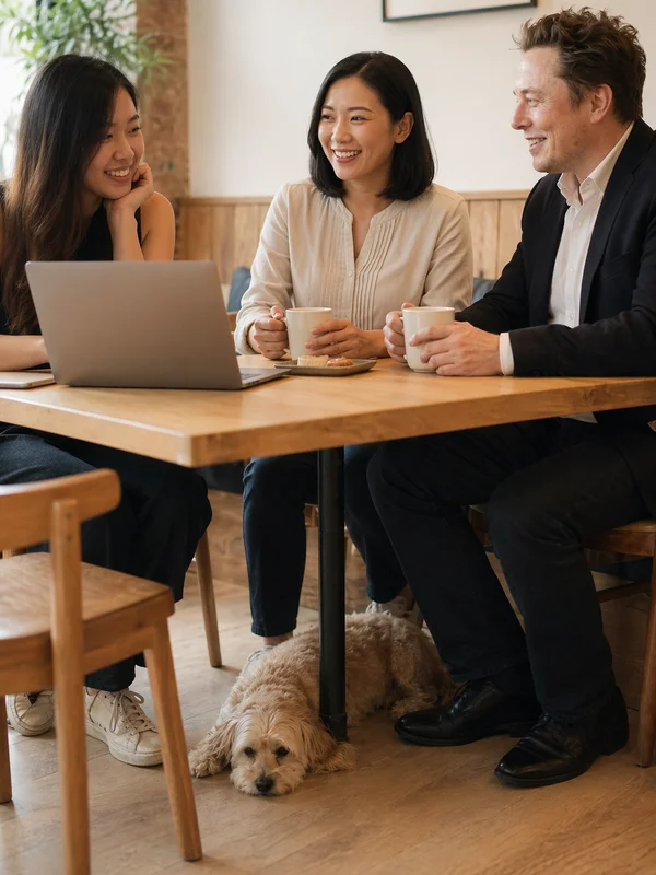 Dog resting under cafe table